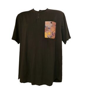 Altamont Men's T-shirt Sz XL Henley Black With Flower Design Pocket Skater Retro